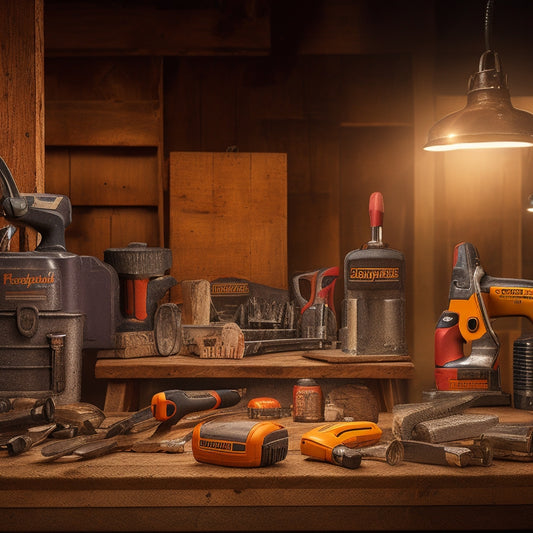 A cluttered workshop background with three prominent sections, each featuring a different DIY tool rental brand's logo and a selection of their available tools, such as drills, saws, and sanders.