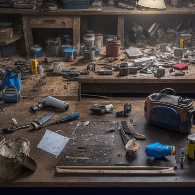 A cluttered but organized workshop table with a variety of budget-friendly renovation tools, including a cordless drill, level, tape measure, and a bucket of paint, amidst scattered DIY manuals and scraps of wood.