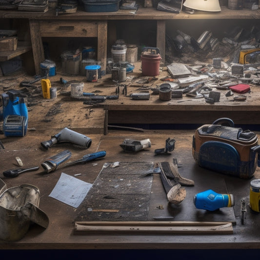 A cluttered but organized workshop table with a variety of budget-friendly renovation tools, including a cordless drill, level, tape measure, and a bucket of paint, amidst scattered DIY manuals and scraps of wood.