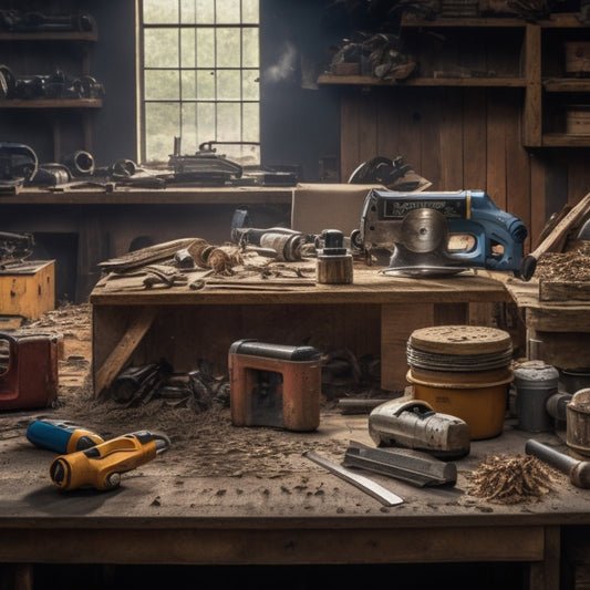 A cluttered workshop backdrop with a central, worn wooden workbench, surrounded by various top-rated power tools, including a circular saw, impact driver, and reciprocating saw, with scattered wood shavings and metal scraps.