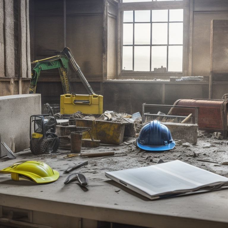 A cluttered construction site with a partially demolished wall, scattered tools, and a hard hat in the foreground, contrasted with a clean, organized toolbox and a tablet with a blueprint in the background.