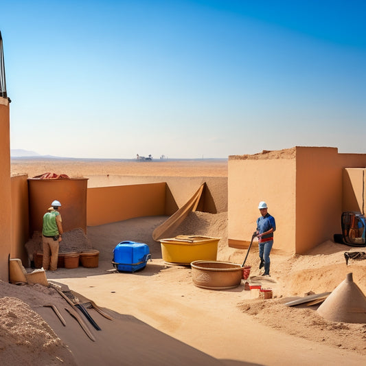 A dusty construction site with a half-finished wall, buckets of plastering sand with different textures and colors, and various toolkits scattered around, with a faint outline of a beautiful home in the background.