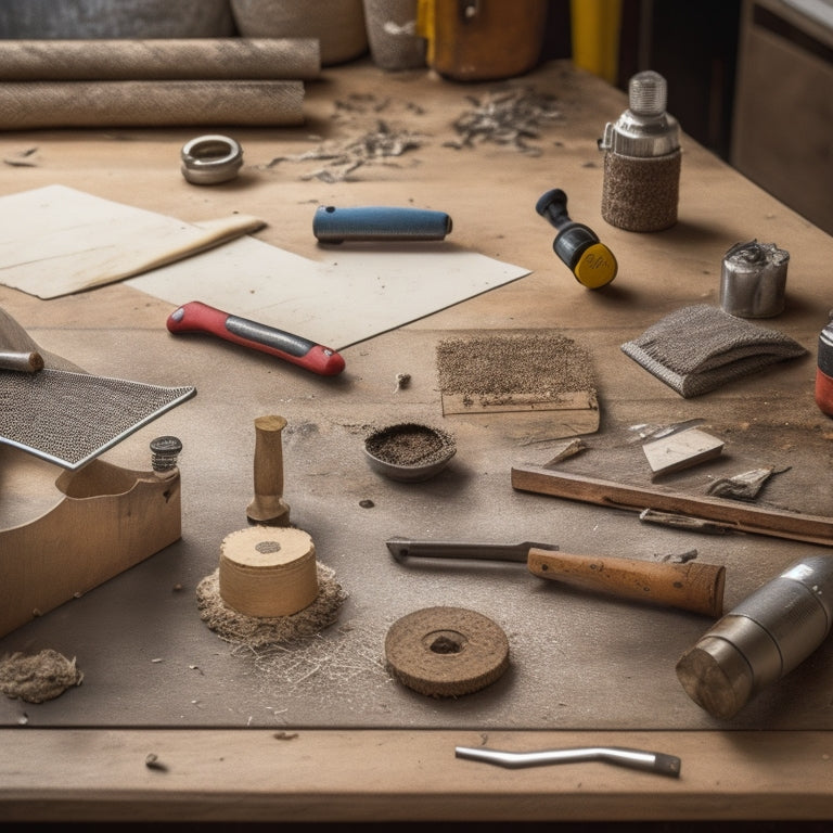 A workshop table cluttered with various tools, a wooden board with scribbled measurements, a metal ruler, and scattered screws, with a half-assembled DIY leveling tool in the center, surrounded by scattered wooden shavings.