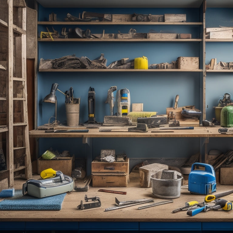 A cluttered home renovation workspace with various leveling tools scattered around, including a spirit level, laser level, and torpedo level, amidst half-built shelves, scattered tools, and a partially demolished wall.