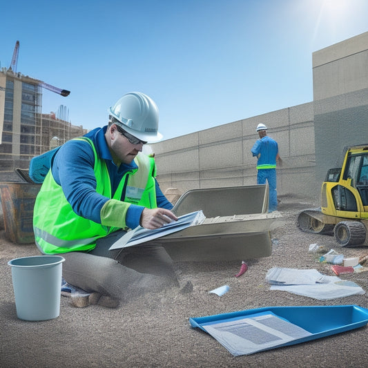 An illustration of a construction site with a dumpster, recycling bins, and a person holding a tablet with a checklist, surrounded by architectural blueprints and scattered renovation materials.