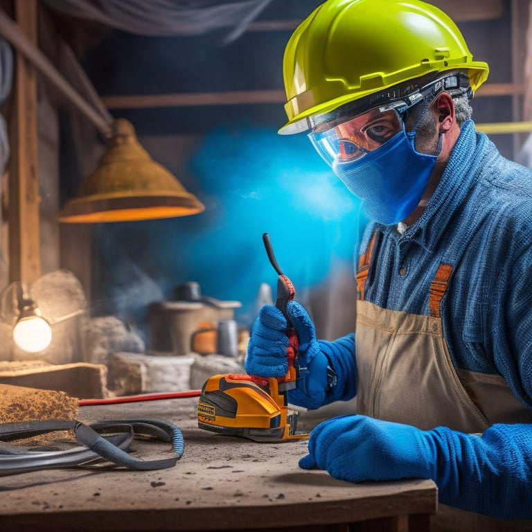 A person wearing safety goggles, gloves, and a dust mask, holding a power tool in a partially renovated room with exposed wiring and insulation, emphasizing the importance of protective gear during home renovations.
