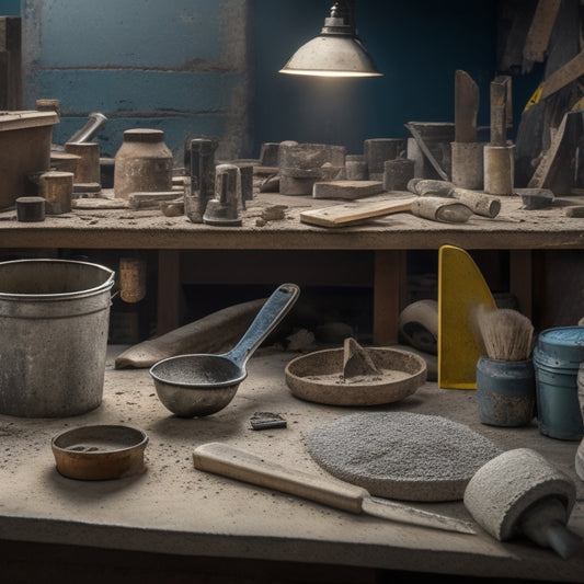 A cluttered workbench with various concrete adhesion tools scattered around, including a notched trowel, scraper, mixing bucket, and drill with a mixing paddle attachment, surrounded by concrete fragments and dust.