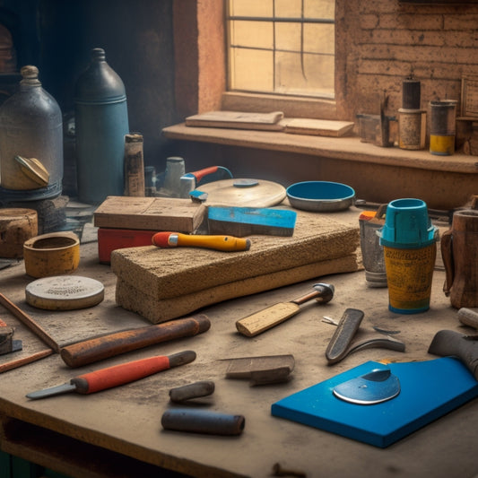 A cluttered workshop table with various trowel sets, each with distinct handle materials and blade shapes, surrounded by renovation tools and materials like cement, bricks, and tiles.