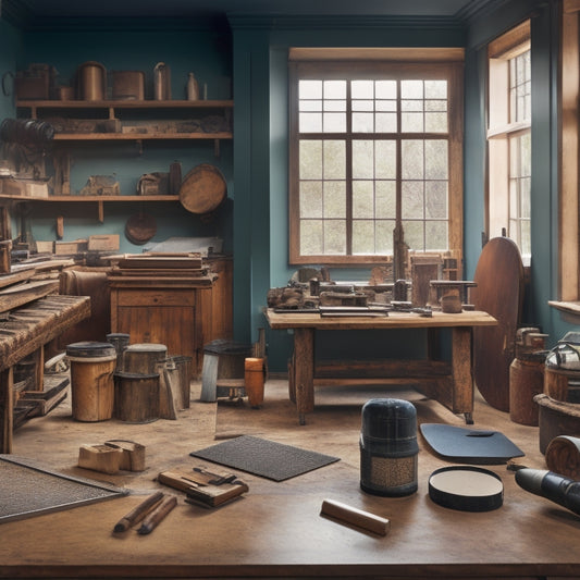A photograph of a well-organized workshop with a variety of tools, including a drum sander, orbital sander, putty knife, and scraper, surrounded by renovated sealed floors with different patterns and finishes.