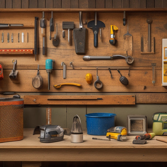 A clutter-free workshop backdrop with a neatly organized array of essential tools, including a level, tape measure, drill, and stud finder, arranged on a wooden workbench alongside a partially renovated wall.