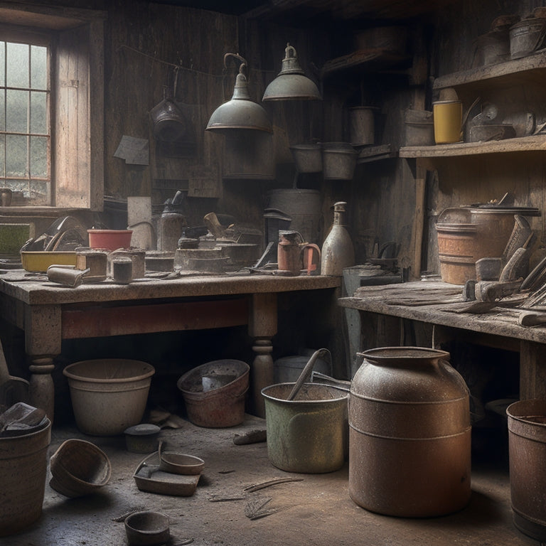 A cluttered workshop with a mix of old and new rendering tools, including a rusty trowel, a worn-out level, and a few brand-new buckets, with a subtle hint of renovation chaos in the background.