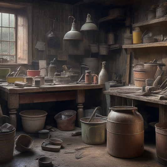 A cluttered workshop with a mix of old and new rendering tools, including a rusty trowel, a worn-out level, and a few brand-new buckets, with a subtle hint of renovation chaos in the background.