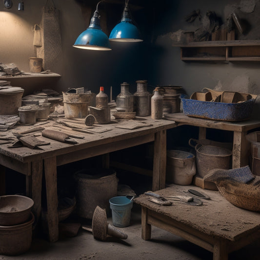 A cluttered, well-lit workshop table with a variety of organized plastering tools, including a hawk, trowel, joint knife, and mixing bucket, surrounded by scattered plaster dust and renovation materials.