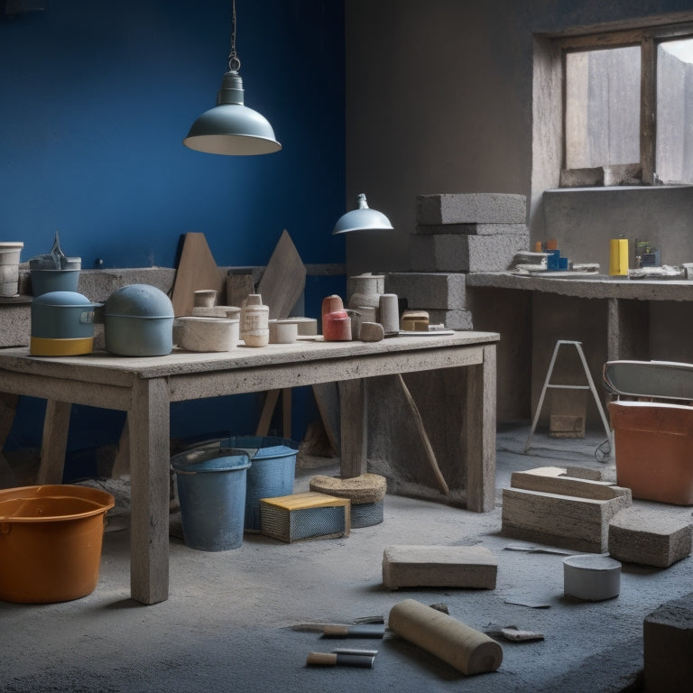 A cluttered workshop table with scattered block wall renovation materials, including trowels, mixing buckets, safety goggles, and stacks of concrete blocks, with a partially renovated block wall in the background.