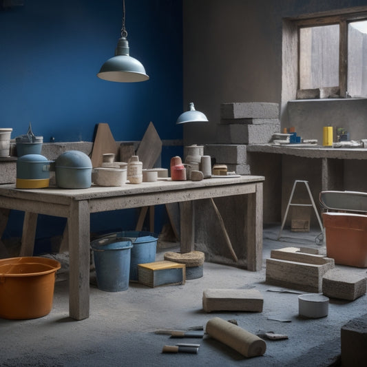 A cluttered workshop table with scattered block wall renovation materials, including trowels, mixing buckets, safety goggles, and stacks of concrete blocks, with a partially renovated block wall in the background.