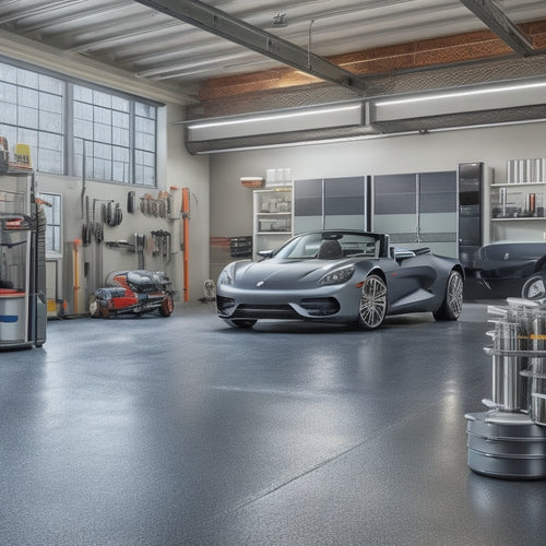 A modern, well-lit, and spacious garage with a sleek, glossy, gray epoxy-coated floor, surrounded by high-end tools, a sports car, and a few scattered decorative car parts.