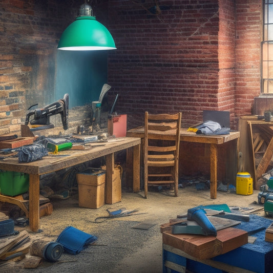 A cluttered, yet organized, renovation workspace with a mix of power tools, construction materials, and architectural plans scattered across a wooden table, surrounded by half-demolished brick walls and exposed wiring.