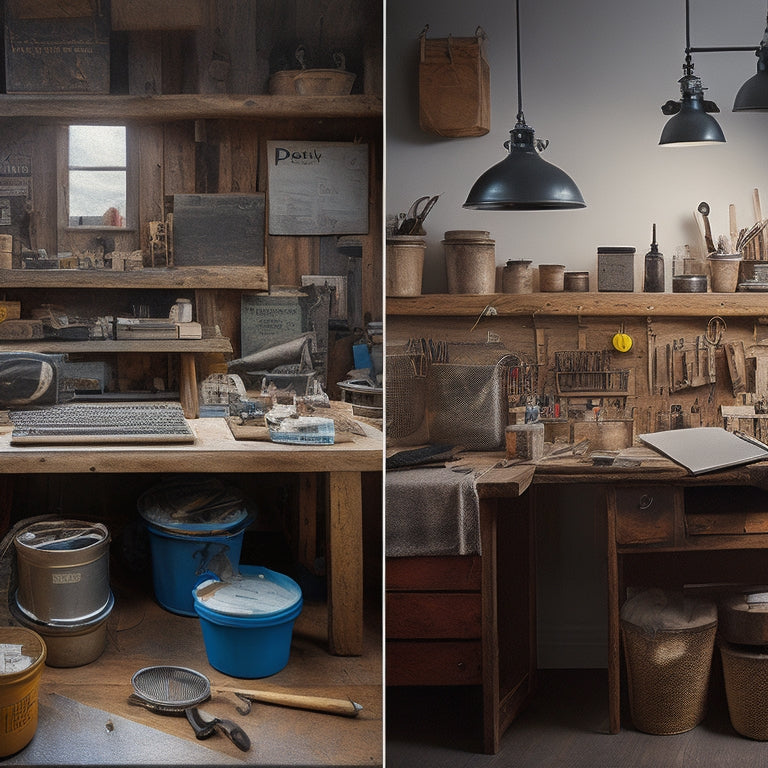 A split-screen image featuring a cluttered workspace with various DIY materials and tools on one side, and a tidy, organized workspace with labeled measuring cups, buckets, and a calculator on the other.