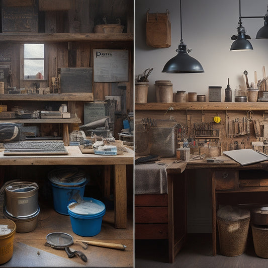 A split-screen image featuring a cluttered workspace with various DIY materials and tools on one side, and a tidy, organized workspace with labeled measuring cups, buckets, and a calculator on the other.