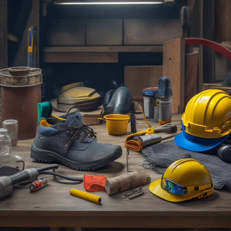 A cluttered home renovation workspace with a hard hat, safety goggles, earplugs, gloves, steel-toed boots, and a dust mask scattered on a workbench amidst power tools and construction materials.