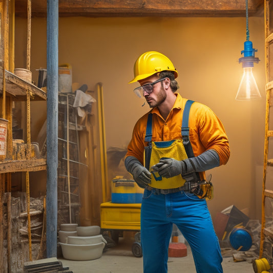 An illustration of a person wearing a yellow hard hat, safety goggles, and holding a flashlight, standing in a partially renovated room with exposed wiring, tools scattered around, and a ladder in the background.