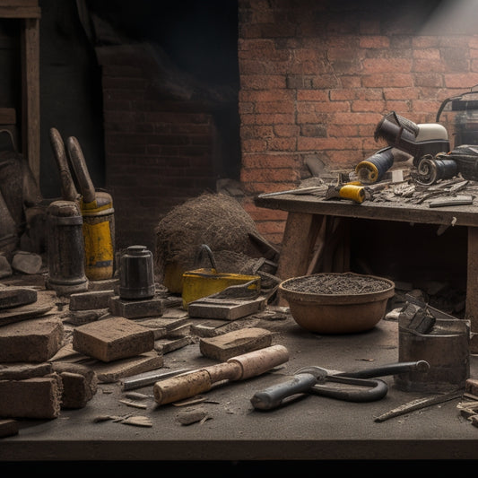 A cluttered workshop table with a variety of demolition tools, including a sledgehammer, pry bar, wrecking bar, bolt cutters, and a respirator mask, surrounded by broken bricks and wooden debris.