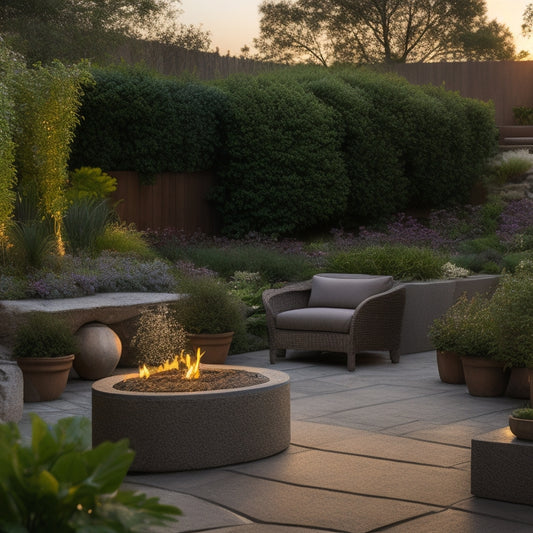 A serene outdoor setting with a renovated patio featuring a large concrete planter in the center, surrounded by lush greenery, stones, and a wooden bench, with a subtle warm sunset glow.