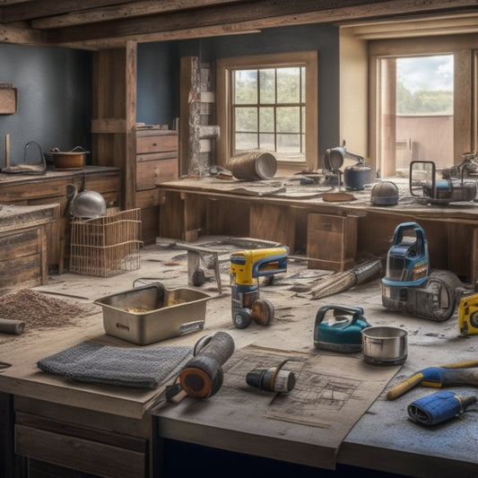 A cluttered construction site with a contractor's toolbox in the center, surrounded by scattered blueprints, hard hats, hammers, and power tools, with a partially renovated kitchen in the background.