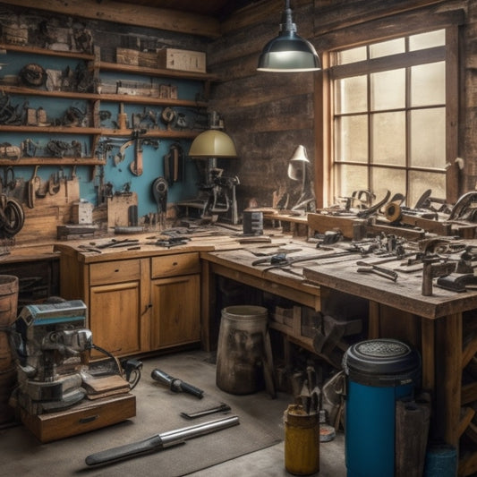 A cluttered workshop with a wooden workbench in the center, surrounded by various DIY renovation tools, including a miter saw, drill press, and sandpaper rolls, with a half-finished wooden shelf in the background.