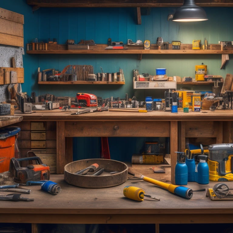 A cluttered, yet organized, workbench with a variety of tools, including a cordless drill, level, tape measure, and hammer, surrounded by renovation materials like lumber, drywall, and paint cans.