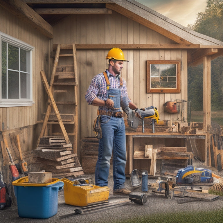 An illustration of a person in a hard hat and tool belt, surrounded by various exterior renovation tools and materials, such as drills, saws, ladders, and building blocks, amidst a background of a partially renovated house.