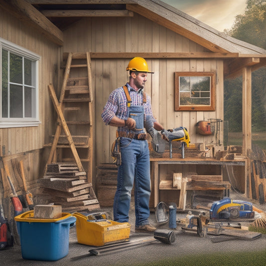 An illustration of a person in a hard hat and tool belt, surrounded by various exterior renovation tools and materials, such as drills, saws, ladders, and building blocks, amidst a background of a partially renovated house.