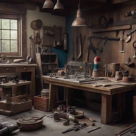 A cluttered workshop with a wooden workbench in the center, surrounded by various tools such as hammers, drills, and saws, with a blueprint of a house renovation plan on the wall in the background.