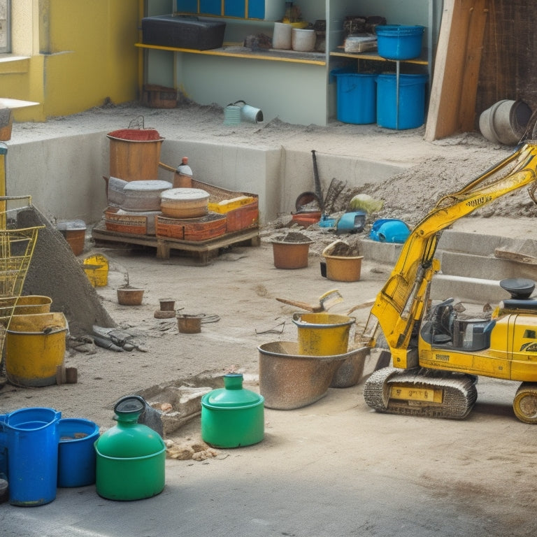 A cluttered construction site with a large mixing bucket at its center, surrounded by various tools and equipment, including a cement mixer, trowels, and safety gear, amidst a backdrop of renovation chaos.