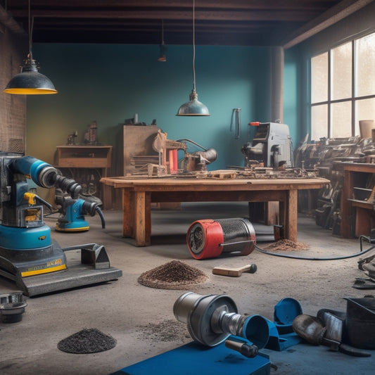 A cluttered workshop background with various floor grinding machines and tools scattered around, including a concrete grinder, terrazzo grinder, and edger, with sparks flying from a grinder in the foreground.