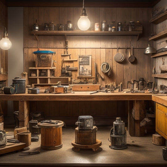 A well-lit, clutter-free workshop with various beginner-friendly polishers, including rotary, orbital, and belt sanders, arranged on a wooden workbench, surrounded by renovated wooden planks and tools.