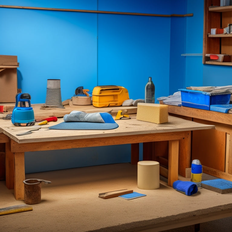 A workbench with various plasterboard sanding tools, including a sanding block, sanding sponge, and dust mask, surrounded by dust and plasterboard scraps, with a partially sanded plasterboard in the background.