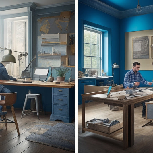 A split-screen illustration showing a renovation project's progression: a blueprint-filled desk, a hammer-wielding worker amidst construction chaos, and a polished, finished room with sleek furniture.