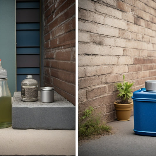 A split-screen image featuring a weathered, cracked cinder block wall on the left, and the same wall restored with a glossy, water-repellent finish on the right, with various sealers' containers in the foreground.