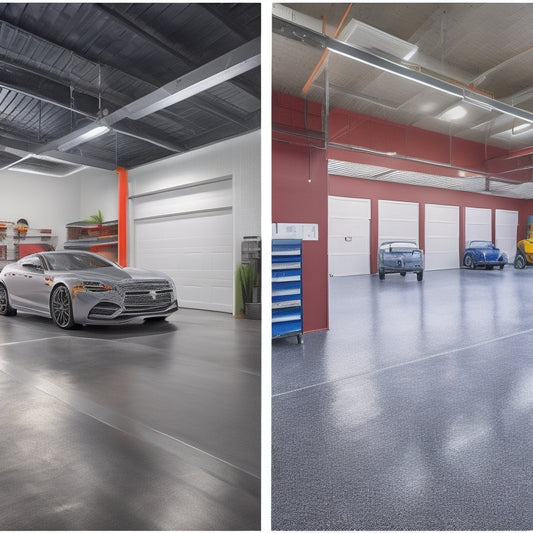 An illustration of a concrete garage's before-and-after transformation, showcasing a dark, cluttered space evolving into a bright, modern area with epoxy-coated floors, sleek cabinets, and a polished finish.