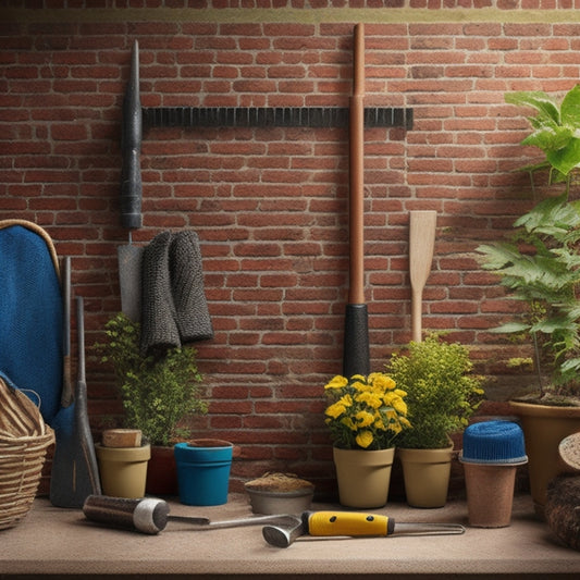 An illustration of a garden wall renovation scene with various tools scattered around, including a trowel, level, and drill, surrounded by bricks, mortar, and a ladder, with a subtle grid pattern in the background.