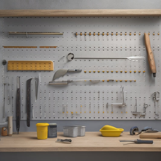 A clutter-free pegboard with neatly organized crack repair tools, including a caulk gun, chisels, and putty knives, against a light-gray background with subtle shadows and a hint of workshop ambiance.