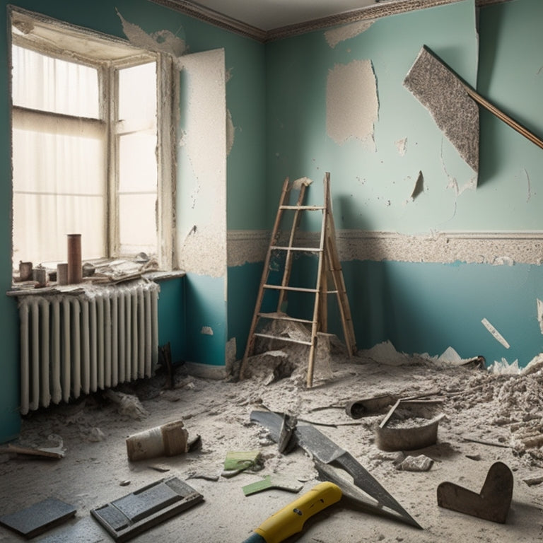 An image of a partially renovated room with peeling wallpaper, torn drywall, and scattered tools, surrounded by crumpled up failed attempts at DIY wall coverings and a lone hammer lying on the floor.