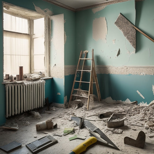An image of a partially renovated room with peeling wallpaper, torn drywall, and scattered tools, surrounded by crumpled up failed attempts at DIY wall coverings and a lone hammer lying on the floor.