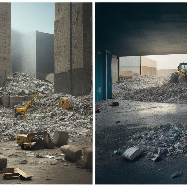 A split-screen image: left side shows a messy construction site with broken tiles, shattered glass, and torn drywall, while the right side depicts a tidy recycling center with sorted materials and compacted waste.