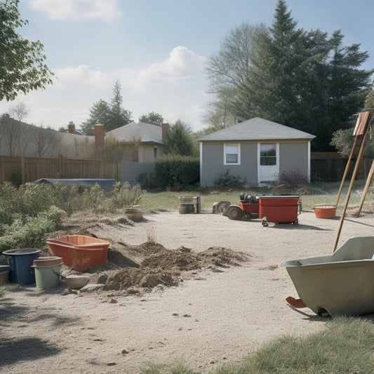 A serene, sunny backyard with a partially demolished house in the background, surrounded by scattered tools, a wheelbarrow, and a dumpster, with a measured plot of land marked with stakes and twine.