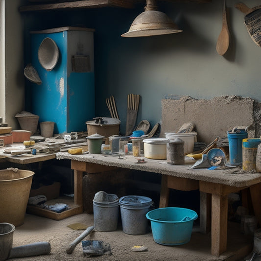 A cluttered workbench with stucco trowels, floats, and finishing tools laid out alongside a mixing bucket, with a partially stuccoed wall in the background, surrounded by scattered stucco scraps and dust.