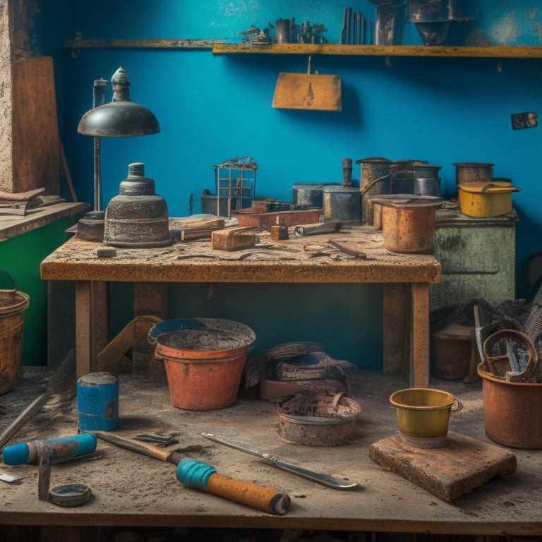 A cluttered workshop table with a mix of well-worn, rusty, and clean tools scattered around a central cinder block, including a trowel, level, hammer, and wire brush.
