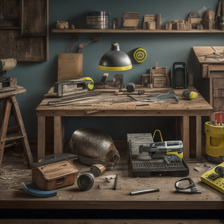 A cluttered home renovation workspace with a mix of old and new materials, featuring a prominent spirit level, a laser level, and a stud finder, surrounded by scattered tools and renovation debris.