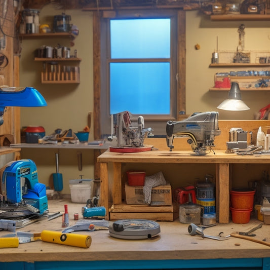 A cluttered DIY workshop with a measuring tape tangled around a miter saw, a wonky shelving unit in the background, and a hammer lying next to a crumpled up blueprint.